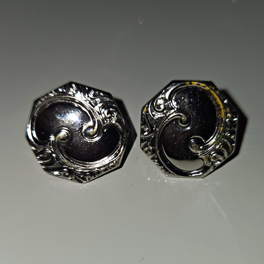 Silver Tone Black Enamel Octagon Clip-On Earrings Ornate Swirl Costume Jewelry